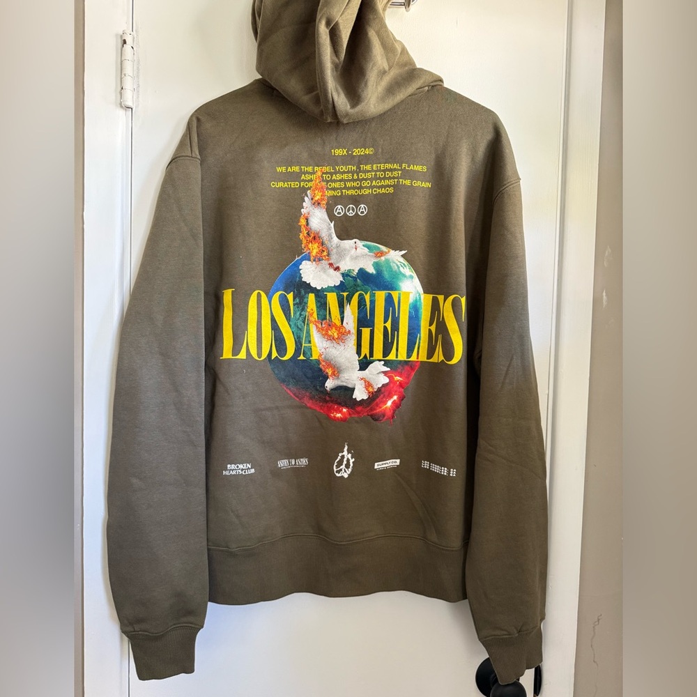 Civil Sample Tag Los Angeles Graphic Hoodie Olive Green, Medium NWT